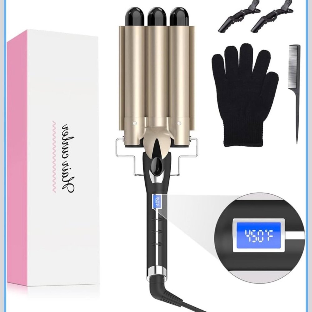 3 Barrel 1 Inch Tourmaline Hair Curler for Classic Beach Waves 170F to 450F NEW